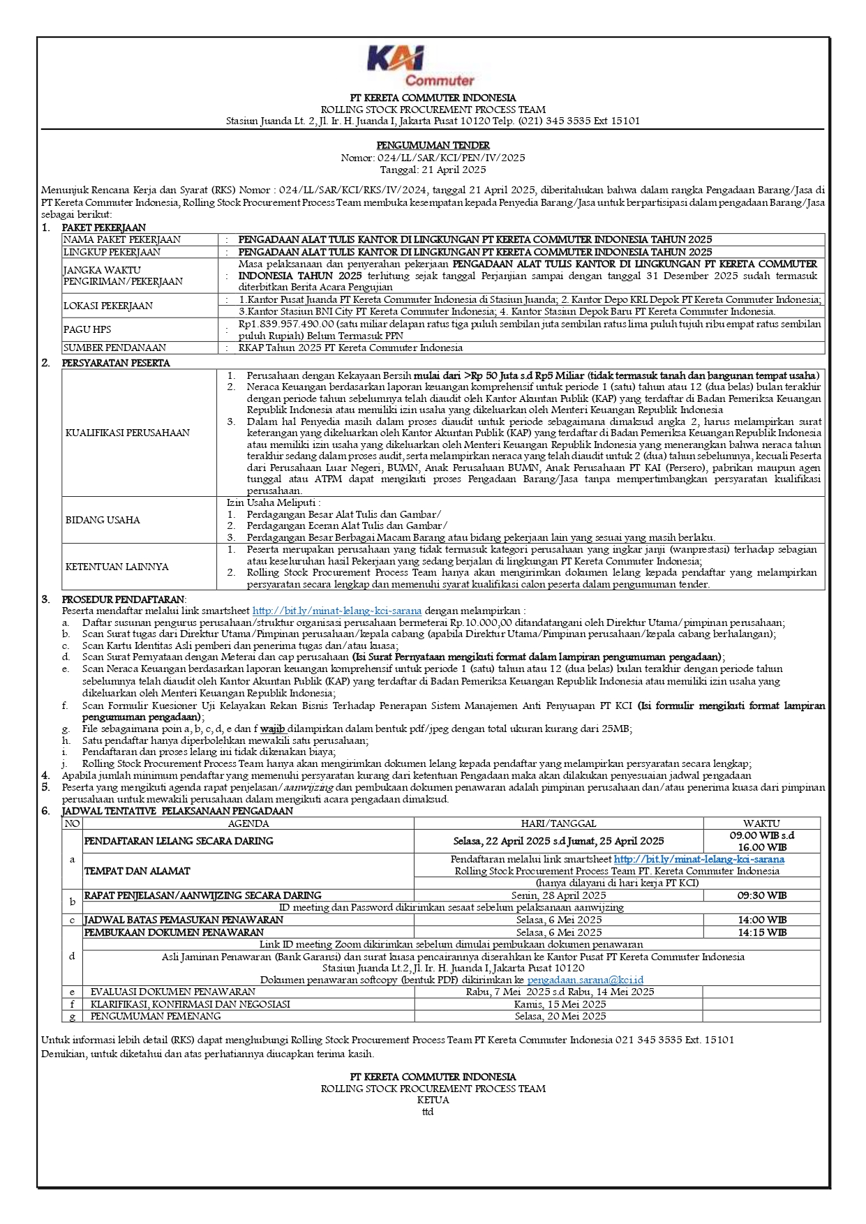 024 pen pengadaan alat tulis kantor pt kci tahun 2025